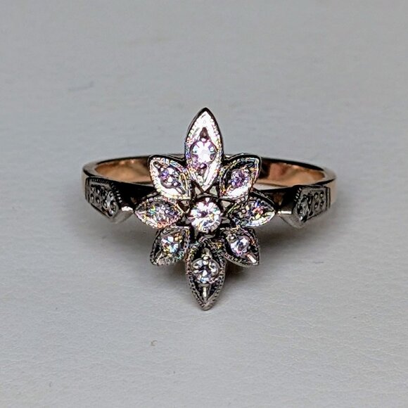 Antique Vintage Russian USSR Solid 14K Rose Pink White Gold Diamond Cluster Ring - Picture 5 of 15